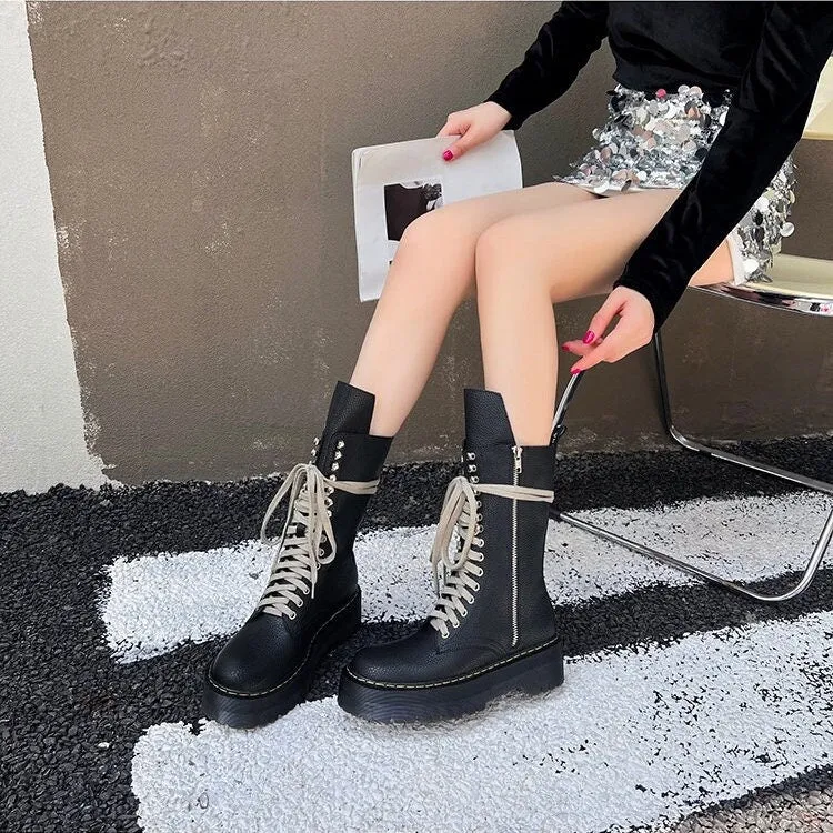 Black Leather Front Tie Lace Up Boots, Round Head Ankle Boots for Women, Black Platform Leather Boots, Thick Sole Round Toe Boots