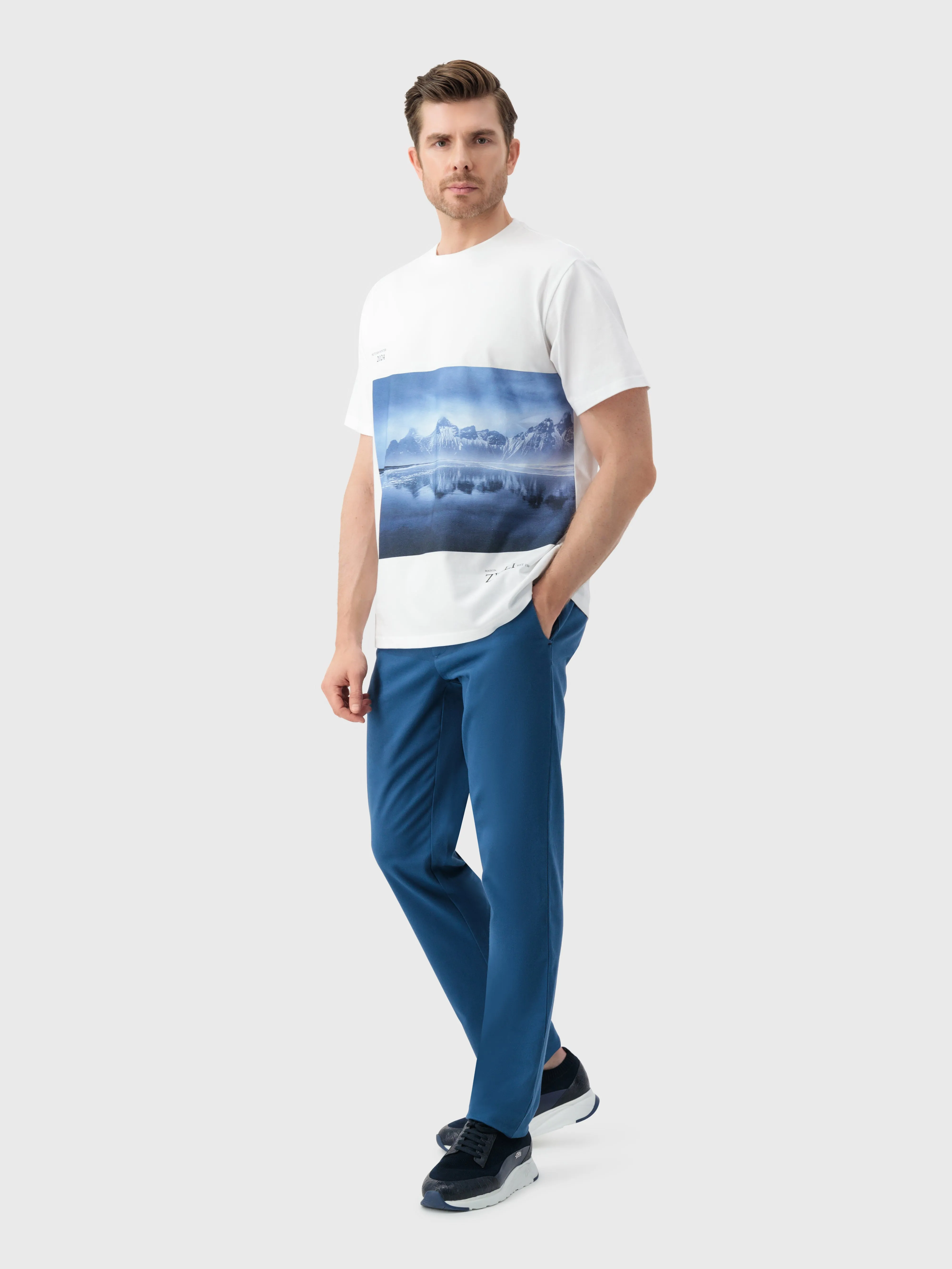 Knit T-Shirt with Serene Landscape Graphic White