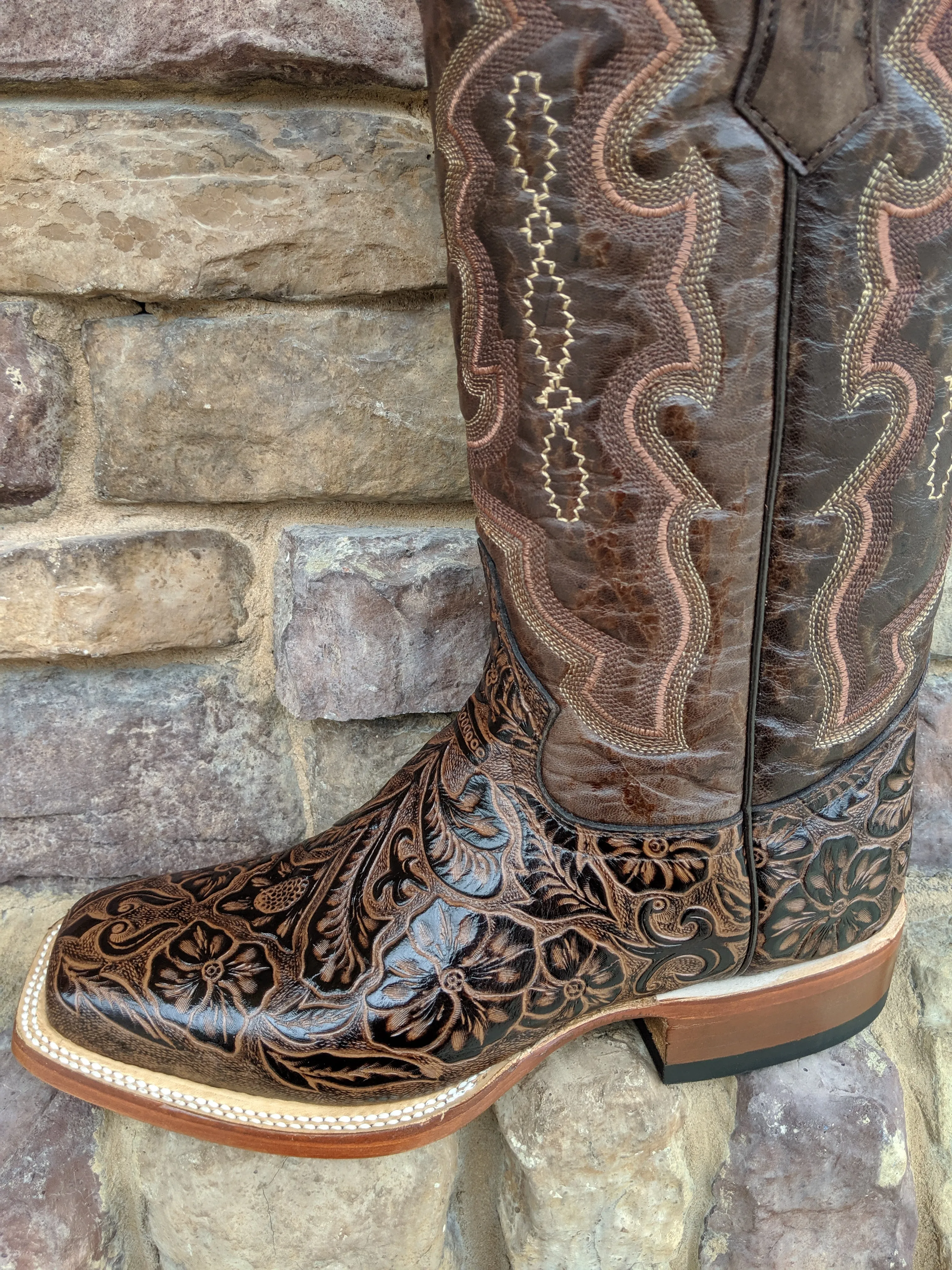 Ladies Brown Tooled Print Boot