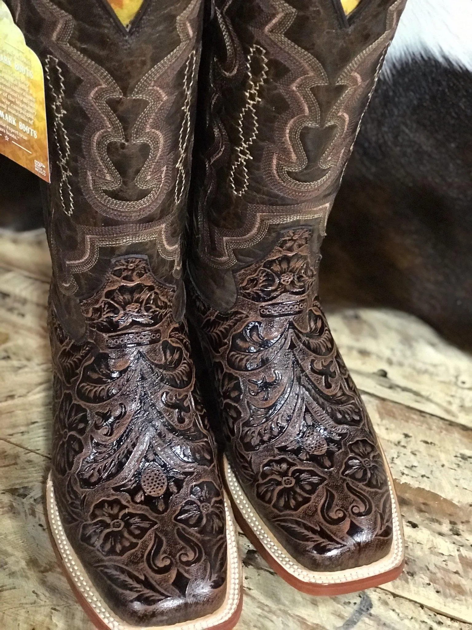 Ladies Brown Tooled Print Boot