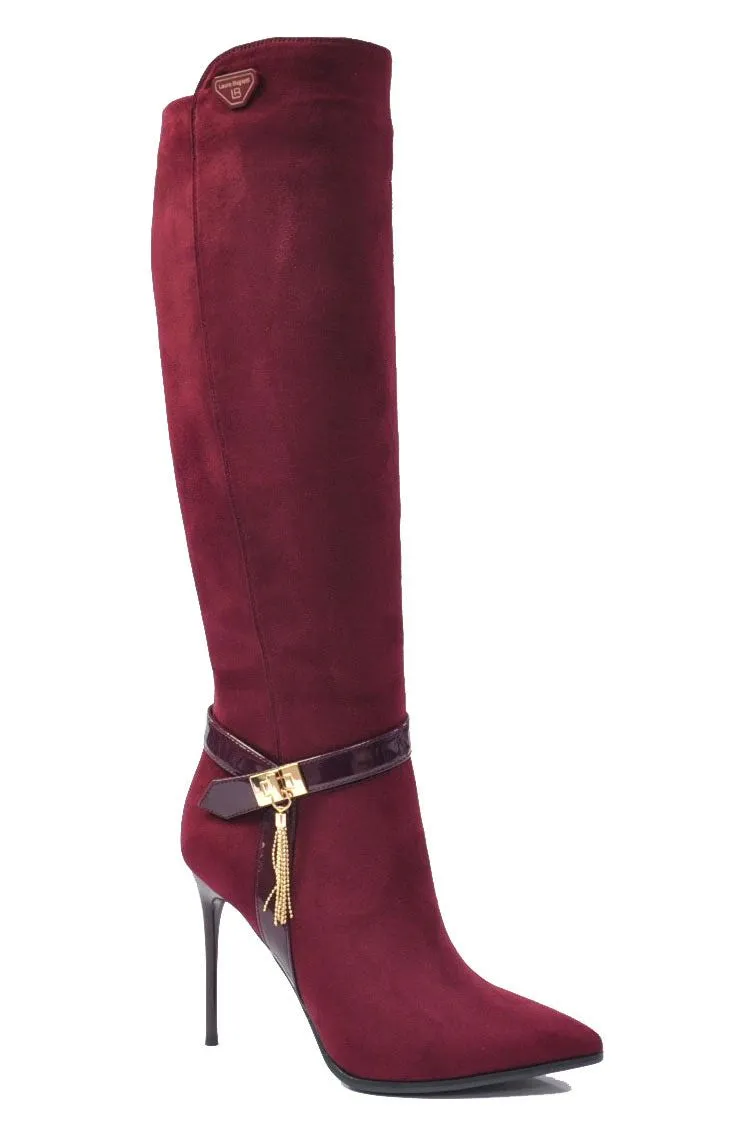 LAURA BIAGOTTI KNEE HIGH BOOT IN RED WITH GOLD DETAILING