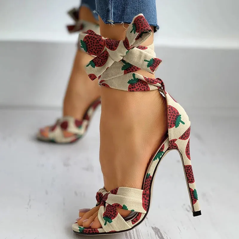 Nanas - Ankle Strap Heeled Sandals Fashion Printed