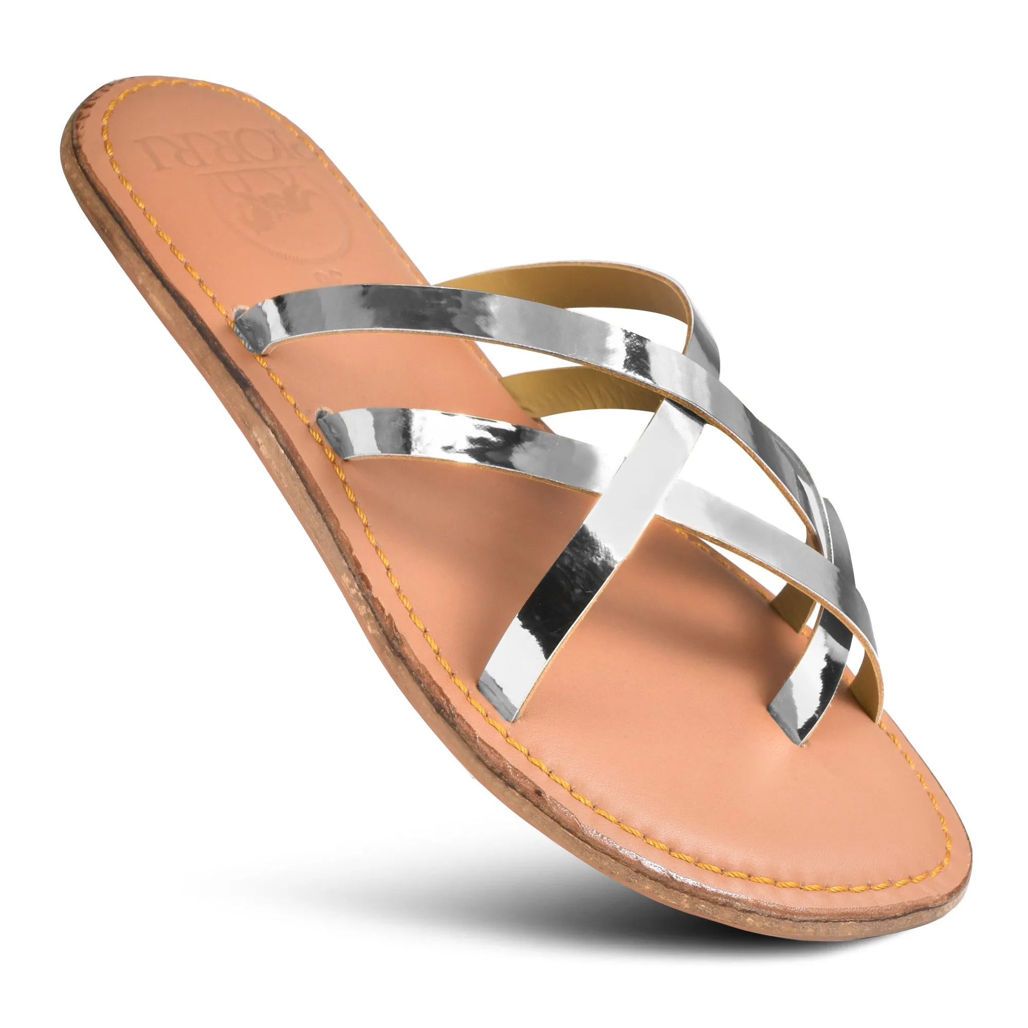 PIORRI by Aerothotic - Dione Women’s Split Toe Strappy Natural Leather Slide Sandals - LK2107