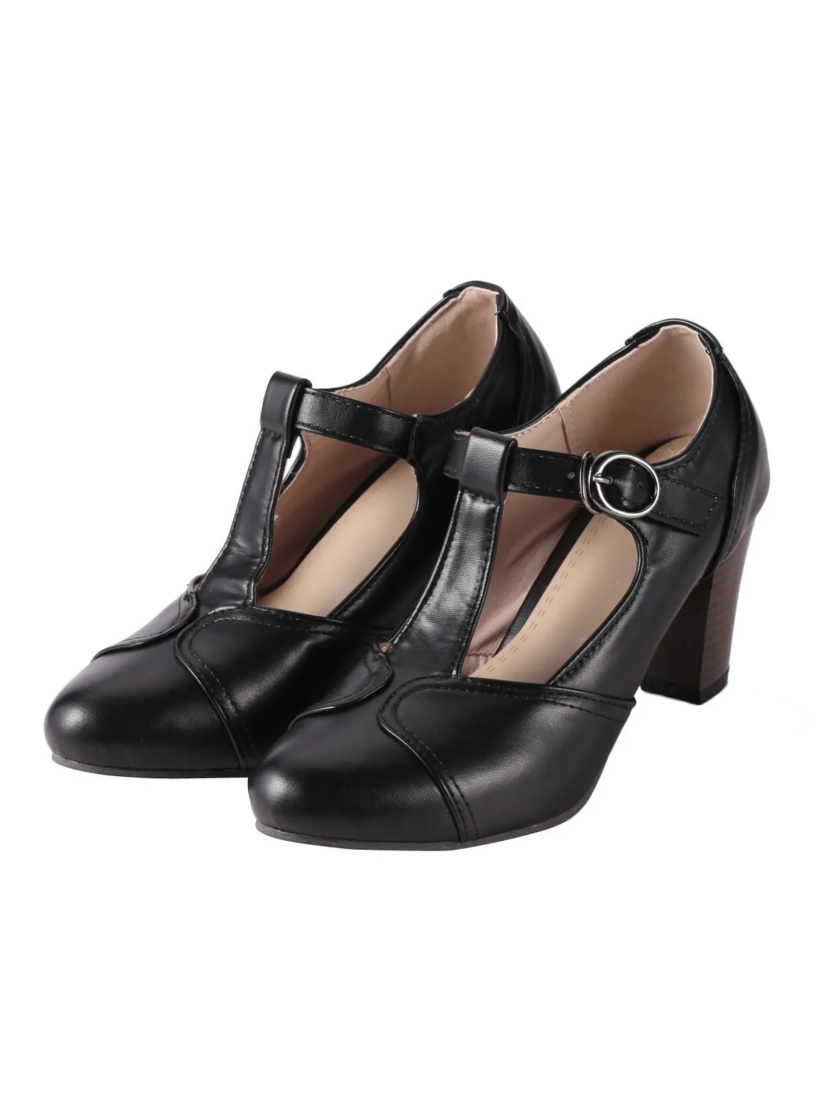 Retro Black T-Strap Chunky Heels Shoes