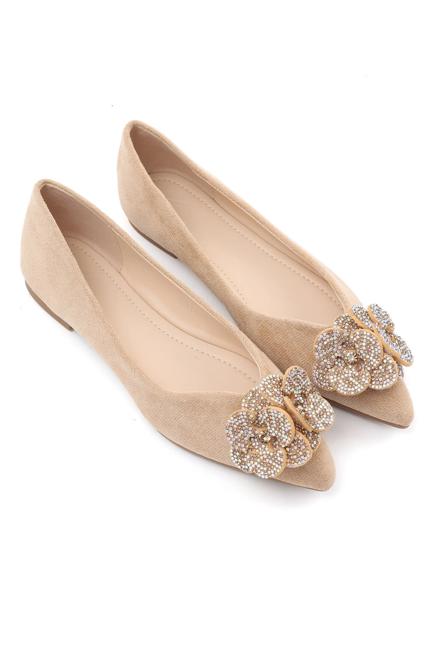 SUEDE FLORAL FLATS-BEIGE