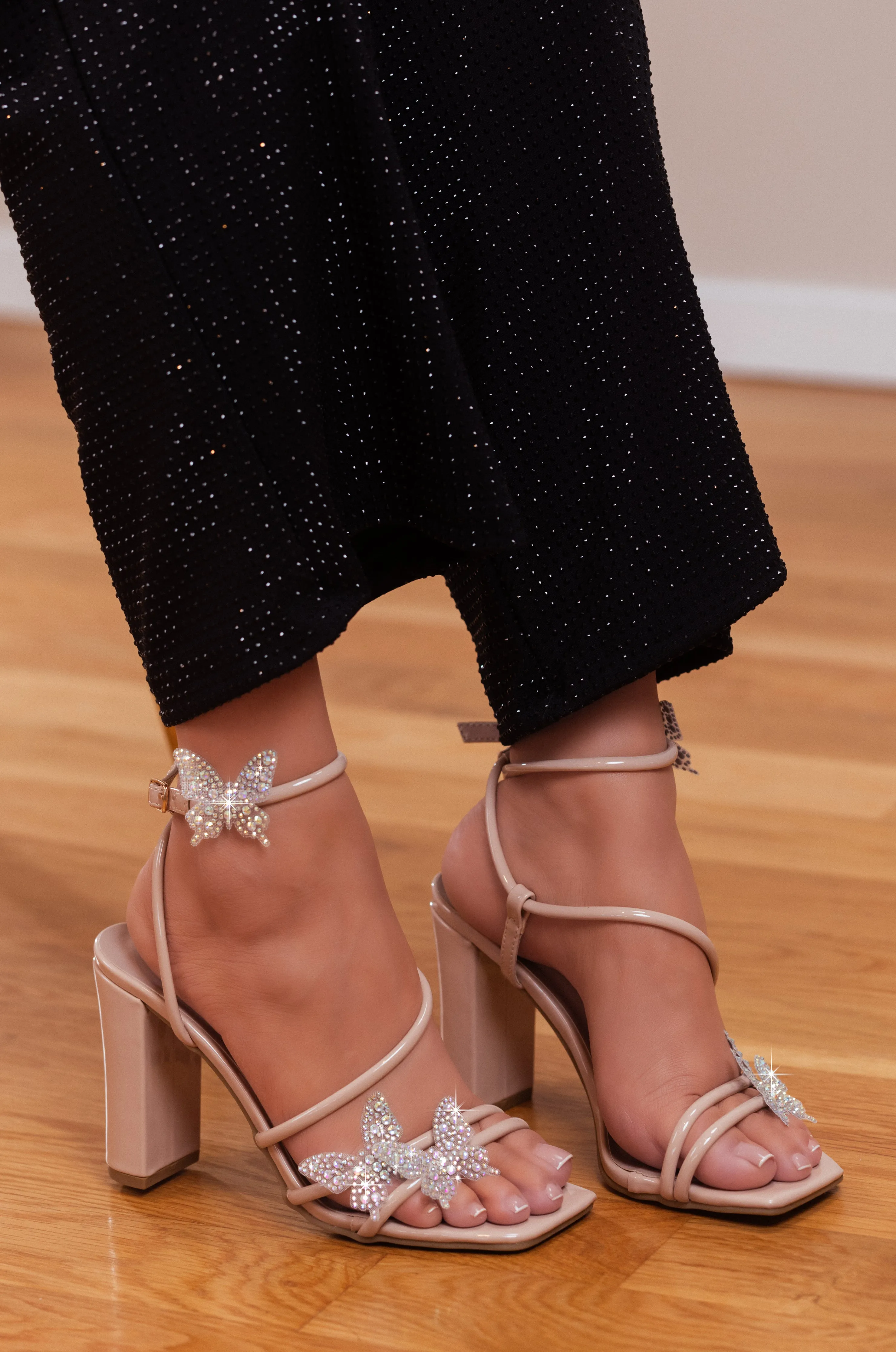 Treasure - Embellished Ankle Strap Heels Butterfly Rhinestone Detailing