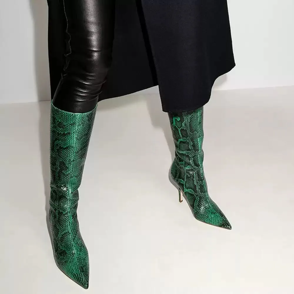 Veronica Green Snake-Print Stiletto Boots